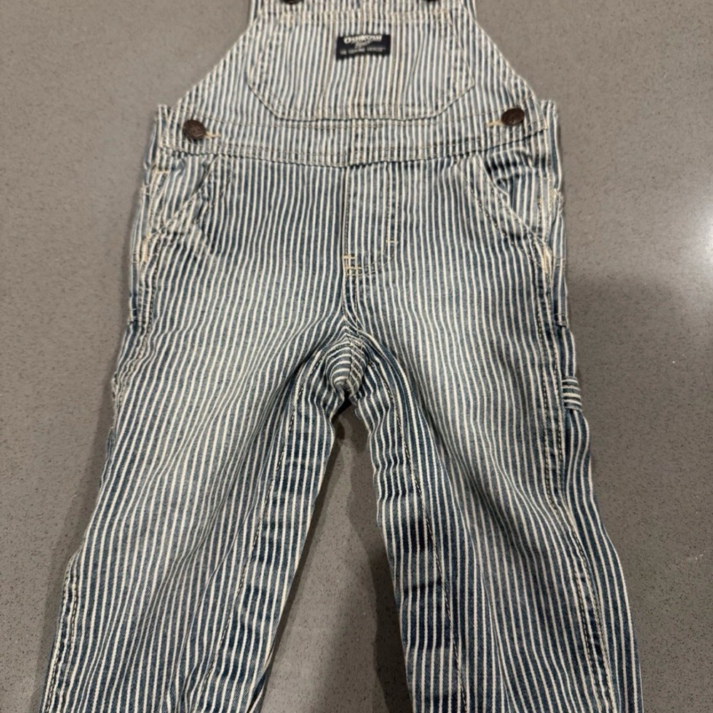 Boy's OSHKOSH Railroad Striped Vestbak Jumper Denim Overalls Size 24 Months